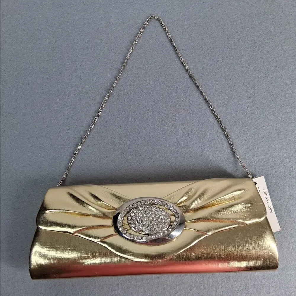 Ray USA Formal Bag Purse Gold Colored w/ Rhinestones Clutch Shoulder Crossbody